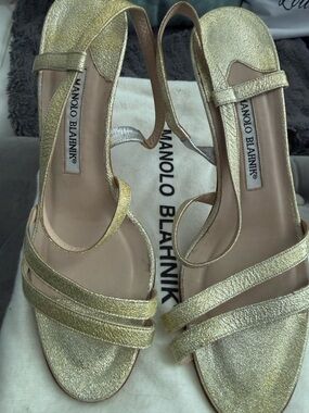 Manolo Blahnik Gold Metallic Strappy Slingback Heels